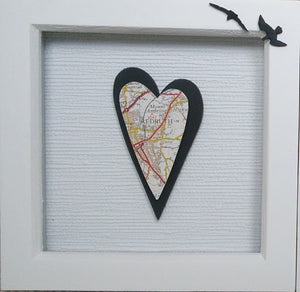 Box frame picture with map on double hearts