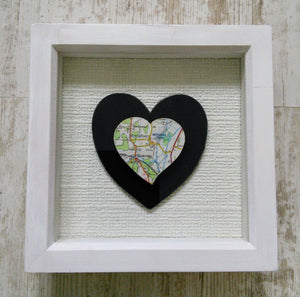 Box frame picture with map on double hearts