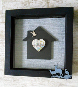 Box frame picture with personalised map on house shape